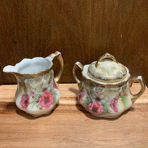 Antique Creamer & Sugar Set, Floral design, Leuchtenburg Germany