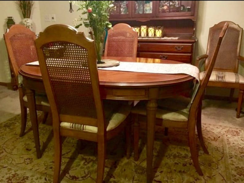 Esperanto Drexel Dining Room Set 1960 S 6 Chairs 3 Leaves Pecan Wood Inlay Original Padded Covers