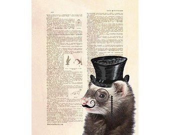 Ferret in a Tophat Art on Dictionary Page | Digital Download