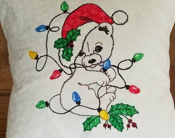 FREE SHIP in US Tangled Christmas Polar Bear 16x16in. pocket pillowcase. Hand-painted with Tri-Chem Liquid Embroidery. Machine wash, dry.