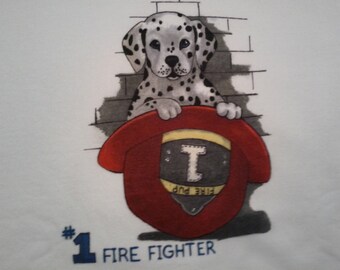 Childs sz16 blue-eyed Dalmatian Puppy with Fireman's Hat sweatshirt.  Hand-painted with Tri-Chem Liquid Embroidery. Machine wash and dry