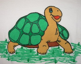 Child sz 2 T-shirt with Happy Turtle or Desert Tortoise going it's own way. Hand-painted with Tri-Chem Liquid Embroidery. Wash, dry on low