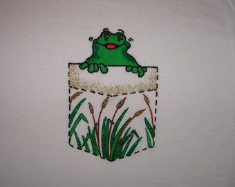 Mens XL Frog in Your Faux  Pocket long-sleeved Tshirt is charming! Hand-painted with Tri-Chem Liquid Embroidery. Machine wash, dry on low.