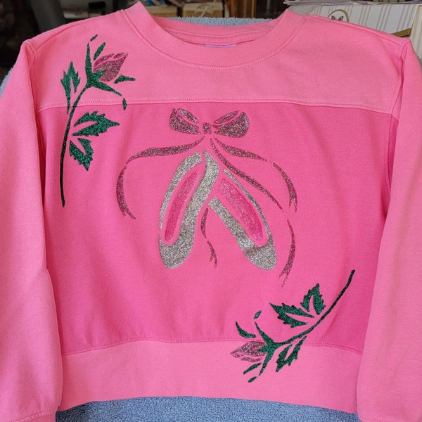 Childs sz16 Sparkly Ballet Slippers + Roses sweatshirt. Hand-painted with Tri-Chem Liquid Embroidery. Machine wash. Hang dry.