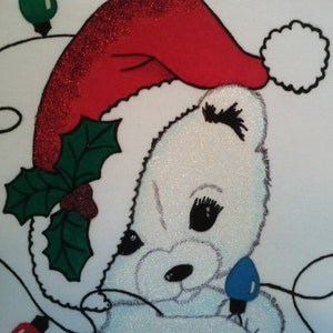 Tangled Christmas Polar Bear on Women's white hand-painted sweatshirt with Tri-Chem Liquid Embroidery. Machine wash, hang dry. image 4