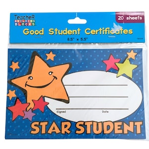 May include: A pack of 20 Good Student Certificates featuring a smiling yellow star with a blue background and colorful stars. The certificates are 8.5 inches by 5.5 inches.