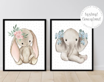 Baby Girl Nursery Decor, Woodland Animal Prints, Kids Room Wall Art, Printable Set of 2, Elephant Safari, Bunny for Nursery, Gifts for Girls