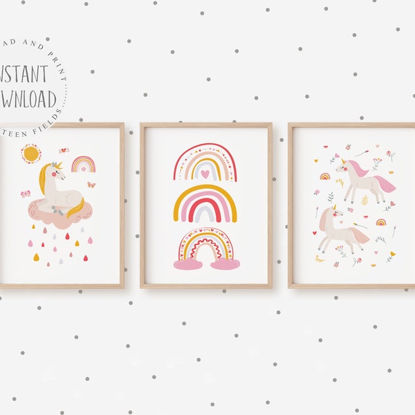 Rainbow Prints for Toddler Girls Room Wall Decor, Printable Unicorn Wall Art Nursery Sets, Rainbow Unicorn Nursery Decor for Baby Girl