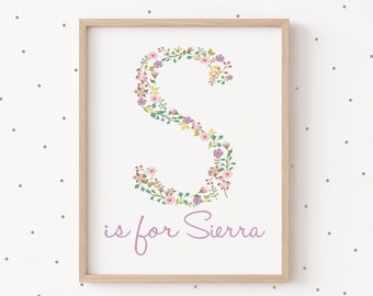 Printable Baby Name Art, Personalized Baby Girl Gift Ideas, Monogram Letter Print, Floral Nursery Decor Lavender, Little Girls Room Decor