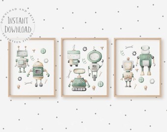 Boys Room Decor, Robot Wall Art, Nursery Decor for Toddler Boy Bedroom, Watercolor Robot Nursery Prints, Robot Kids Room, Printable Wall Art