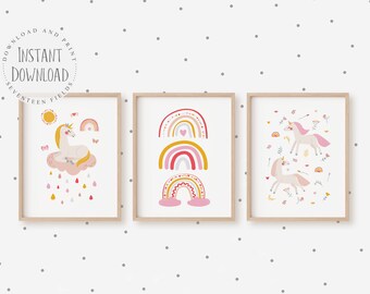 Rainbow Prints for Toddler Girls Room Wall Decor, Printable Unicorn Wall Art Nursery Sets, Rainbow Unicorn Nursery Decor for Baby Girl