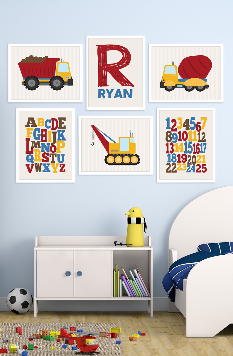 Kids Wall Art, Toddler Boy Room Decor, Printable Baby Name Art, Nursery Wall Art Boy, Construction Prints, Alphabet Posters, Vehicle Prints image 5