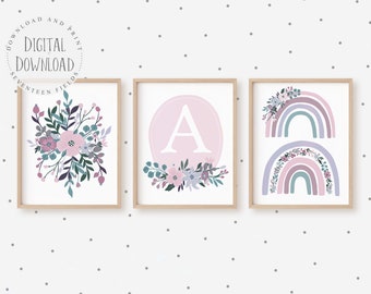 Rainbow Nursery Prints for Girls Room Decor, Floral Nursery Wall Art, Baby Girl Nursery Decor, Toddler Bedroom Art, Printable Wall Art