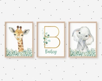 Girl Nursery Decor, Baby Name Print, Safari Nursery Wall Art, Initial Print, Baby Animal Prints, Watercolor Animal Nursery Art, Printable
