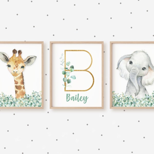 Girl Nursery Decor, Baby Name Print, Safari Nursery Wall Art, Initial Print, Baby Animal Prints, Watercolor Animal Nursery Art, Printable