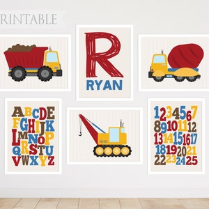 Kids Wall Art, Toddler Boy Room Decor, Printable Baby Name Art, Nursery Wall Art Boy, Construction Prints, Alphabet Posters, Vehicle Prints image 2