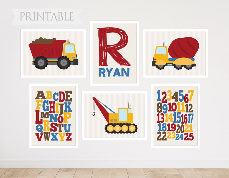 Kids Wall Art, Toddler Boy Room Decor, Printable Baby Name Art, Nursery Wall Art Boy, Construction Prints, Alphabet Posters, Vehicle Prints image 2