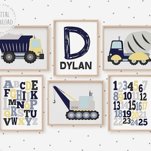 Baby Boy Room Decor, Kids Wall Art Printable, Construction Art, Nursery Wall Art Boy, Vehicle Prints, Kids Name, Navy and Grey, Set of 6