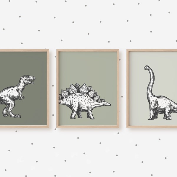 Printable Dinosaur Wall Art, Dinosaur Decor, Boy Nursery Decor, Dinosaur Art Prints, Emerald Green Nursery Wall Art, Set of 3 Neutral Prints