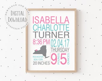 Birth Poster, Birth Stats Print, Baby Girl Nursery Decor, Birth Details, Baby Girl Gift Ideas, Baby Statistics, Birth Announcement Poster