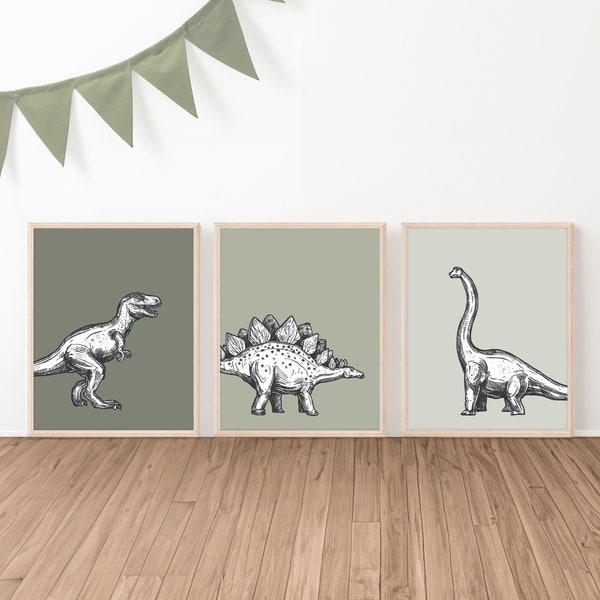 Dinosaur Prints, Boy Room Wall Decor, Printable Nursery Art Set of 3, Neutral Toddler Playroom Prints, 3 Year Old Gift Idea Instant Download