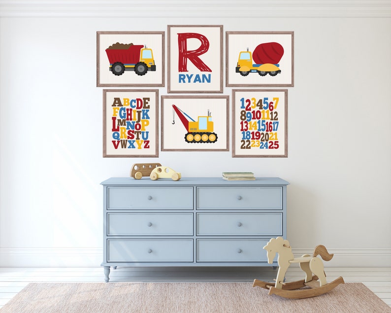 Kids Wall Art, Toddler Boy Room Decor, Printable Baby Name Art, Nursery Wall Art Boy, Construction Prints, Alphabet Posters, Vehicle Prints image 4