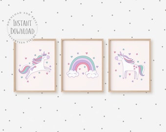 Unicorn Wall Art for Toddler Girls Room, Unicorn Print, Unicorn Wall Decor Art, Nursery Decor for Baby Girl Room, Rainbow Wall Art Set of 3