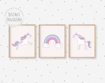 Unicorn Print, Unicorn Wall Decor Art, Nursery Decor for Baby Girl Room, Unicorn Wall Art for Toddler Girls Room,  Rainbow Wall Art Set of 3