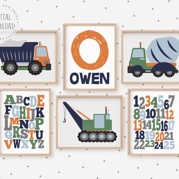 Construction Prints, Personalized Boys Room Decor, Construction Vehicle Digital Download, Baby Boy Wall Art, Baby Name Print, Boys Bedroom