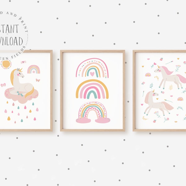 Unicorn Wall Art, Unicorn Prints for Girls Room, Unicorn Decor, Unicorn Printable Wall Art, Unicorn Rainbow Theme Nursery Wall Art, Kids