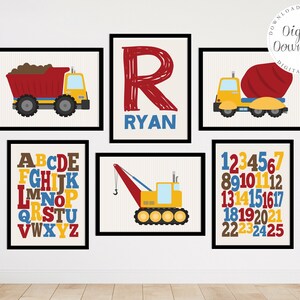 Kids Wall Art, Toddler Boy Room Decor, Printable Baby Name Art, Nursery Wall Art Boy, Construction Prints, Alphabet Posters, Vehicle Prints image 1