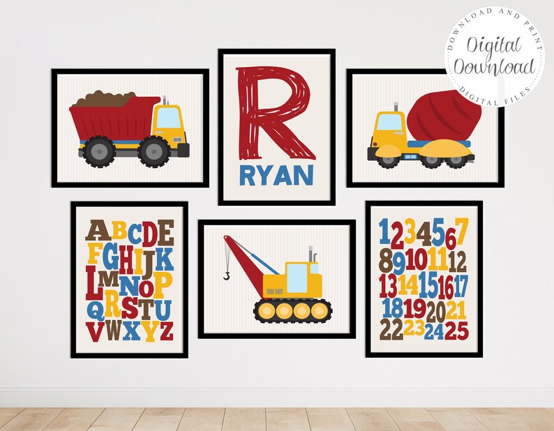 Kids Wall Art, Toddler Boy Room Decor, Printable Baby Name Art, Nursery Wall Art Boy, Construction Prints, Alphabet Posters, Vehicle Prints image 1