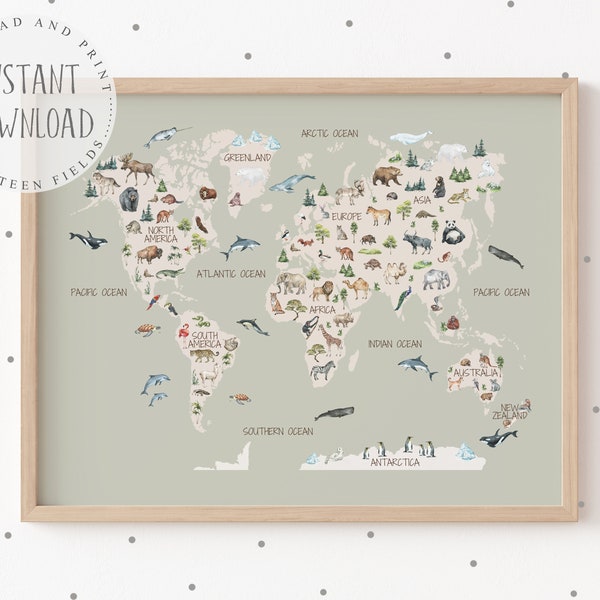 Childrens World Map, Animal World Map, Educational Map, Neutral Nursery Print, Kids Map of the World, Safari Map, Playroom Animal Print