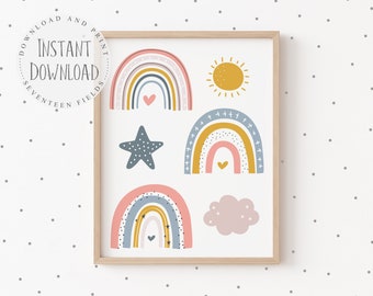 Little Girl Room Decor, Rainbow Print, Playroom Wall Decor, Nursery Wall Art, Toddler Girl Bedroom, Sun Moon Stars, Rainbow Kids Room Art