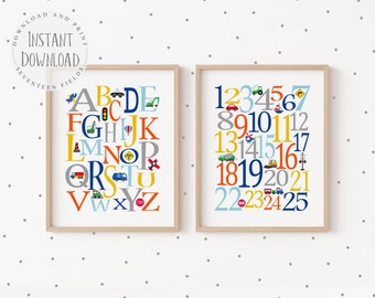 Alphabet Poster for Nursery, Numbers Poster, Toddler Room Decor, Playroom Decor for Boys, Educational Prints for Kids, Vehicle Printable Art