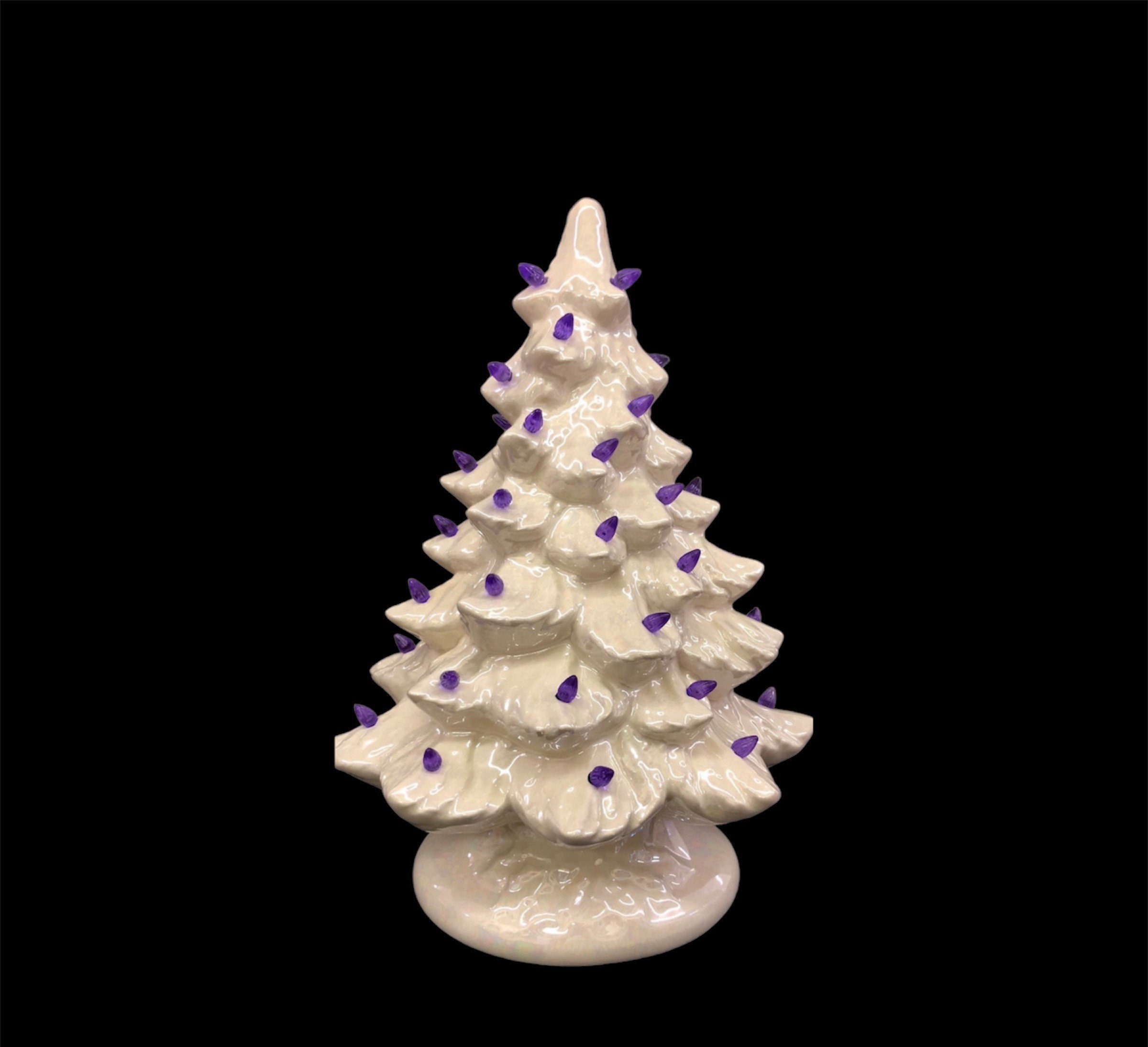 Ceramic Christmas Tree Small White Blue Birds Golden Shimmer and Icy Snow 