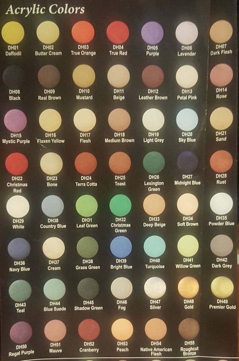May include: A color chart with 55 acrylic paint colors, each color is labeled with a code and name. The colors are arranged in rows and columns. The chart is on a black background.