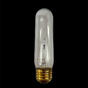 May include: A clear glass light bulb with a gold metal base. The bulb has a standard screw-in base and a filament visible inside.