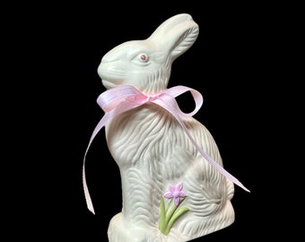 Ceramic Easter Bunny Decor: Ivory Chocolate Bunny with Pink Bow