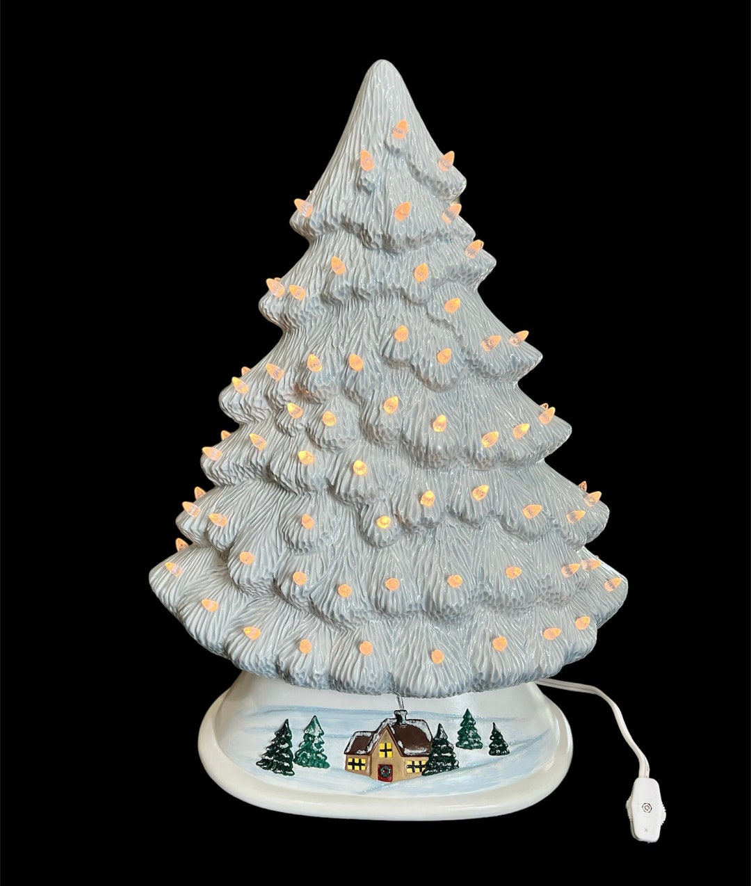 Ceramic Christmas Tree Light Blue With Scene on Base and Clear Lights