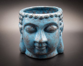 Denim Blue Ceramic Buddha Planter: Hand-Painted Succulent Vessel