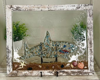 Handmade Shark Resin Glass Art: Beach Ocean Decor (11x14)