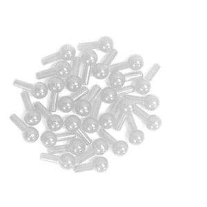 May include: A pile of clear plastic pipette bulbs, also known as droppers, for use in science experiments or crafts.
