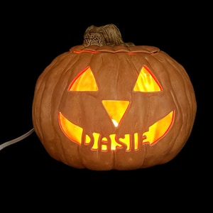 Personalized Ceramic Pumpkin: Hand Carved Lighted Halloween Decor (8x8)
