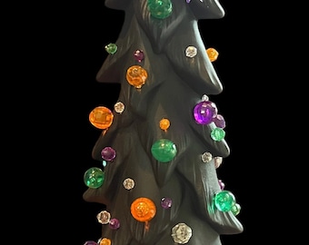 Halloween Black Ceramic Wispy Pine Tree With a Variety of Orange Green Purple and Clear Lights