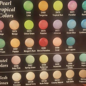 May include: A color chart with 33 paint colors organized into three categories: Pearl Tropical Colors, Pastel Colors, and Flesh Tones. Each color is labeled with a code and a descriptive name, such as "Lime", "Tangerine", "Baby Pink", and "Nude Beige".