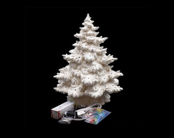 手作りの白い陶器製クリスマスツリー（ライトと星付き、18インチ