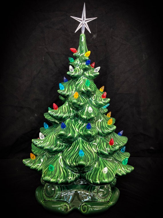 15 Hand Painted Ceramic Christmas Tree, Green Pre-Lit Tree with