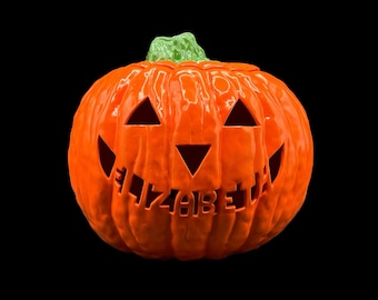 Large Ceramic Pumpkin With Name Carved Light Up Jack O Lantern Glazed Orange Halloween Decor