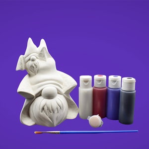 May include: A white ceramic gnome figurine with a long beard, a paintbrush, and four bottles of paint in white, red, blue, and black.